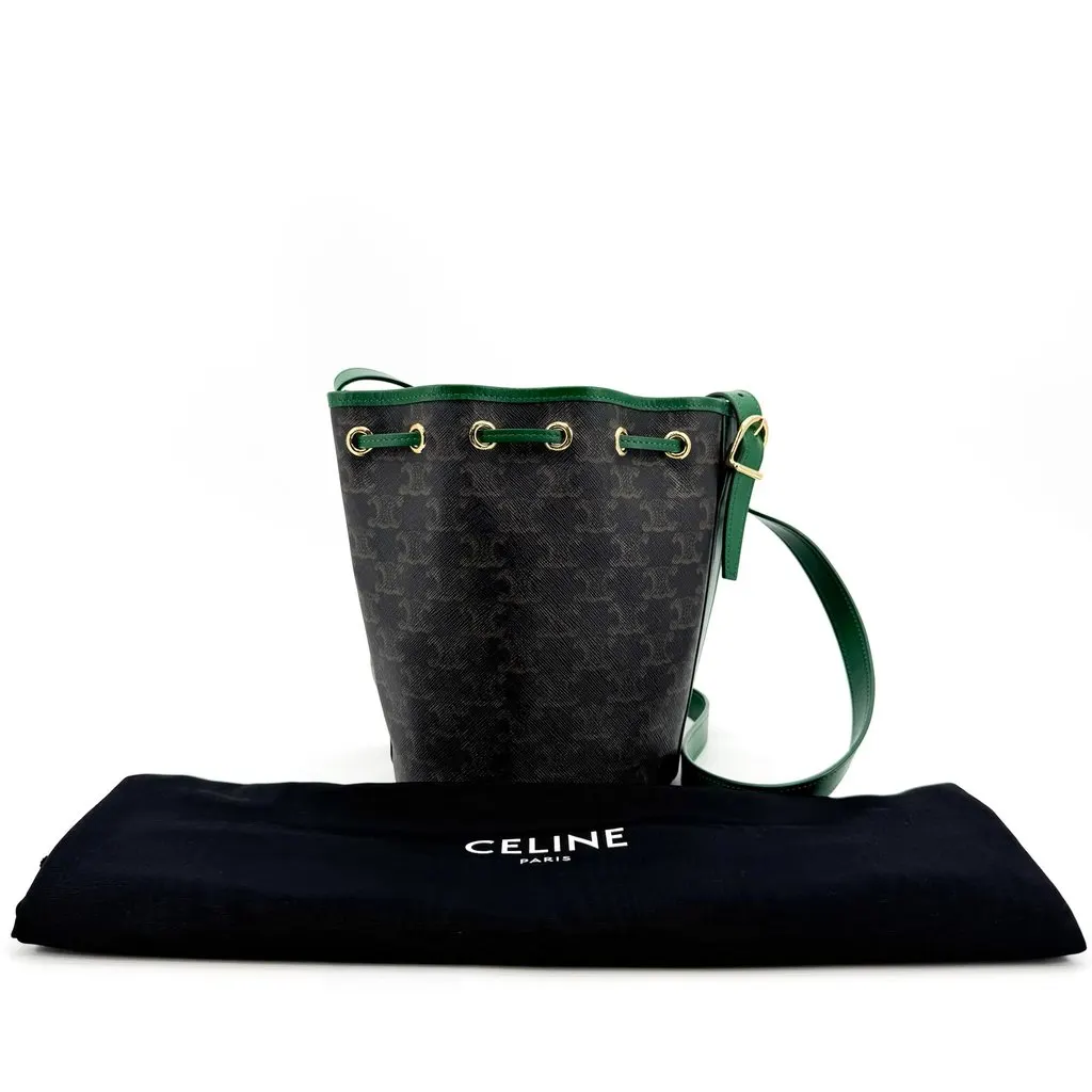 Celine Small Bucket Bag in Triomphe Canvas and Calfskin Green Brown Canvas Good - Back View