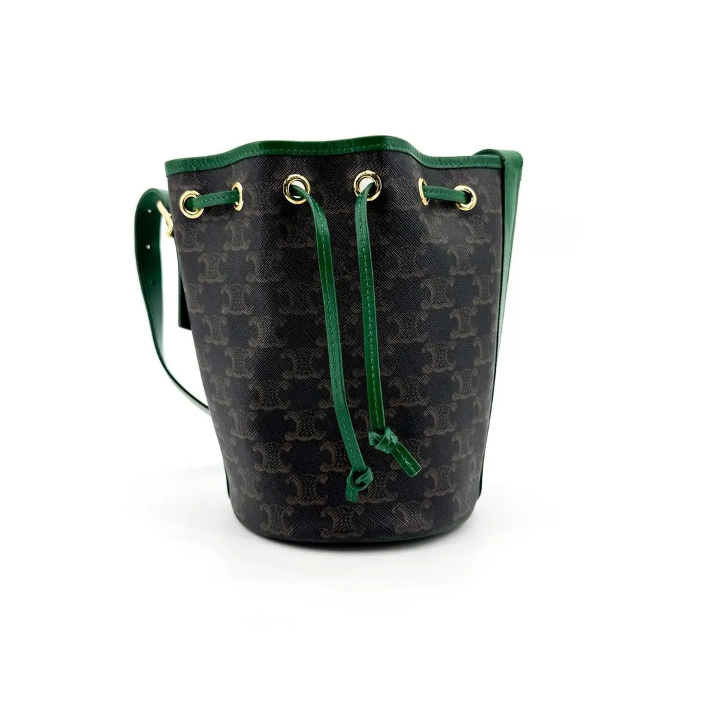 Celine Small Bucket Bag in Triomphe Canvas and Calfskin Green Brown Canvas Good - Inside View