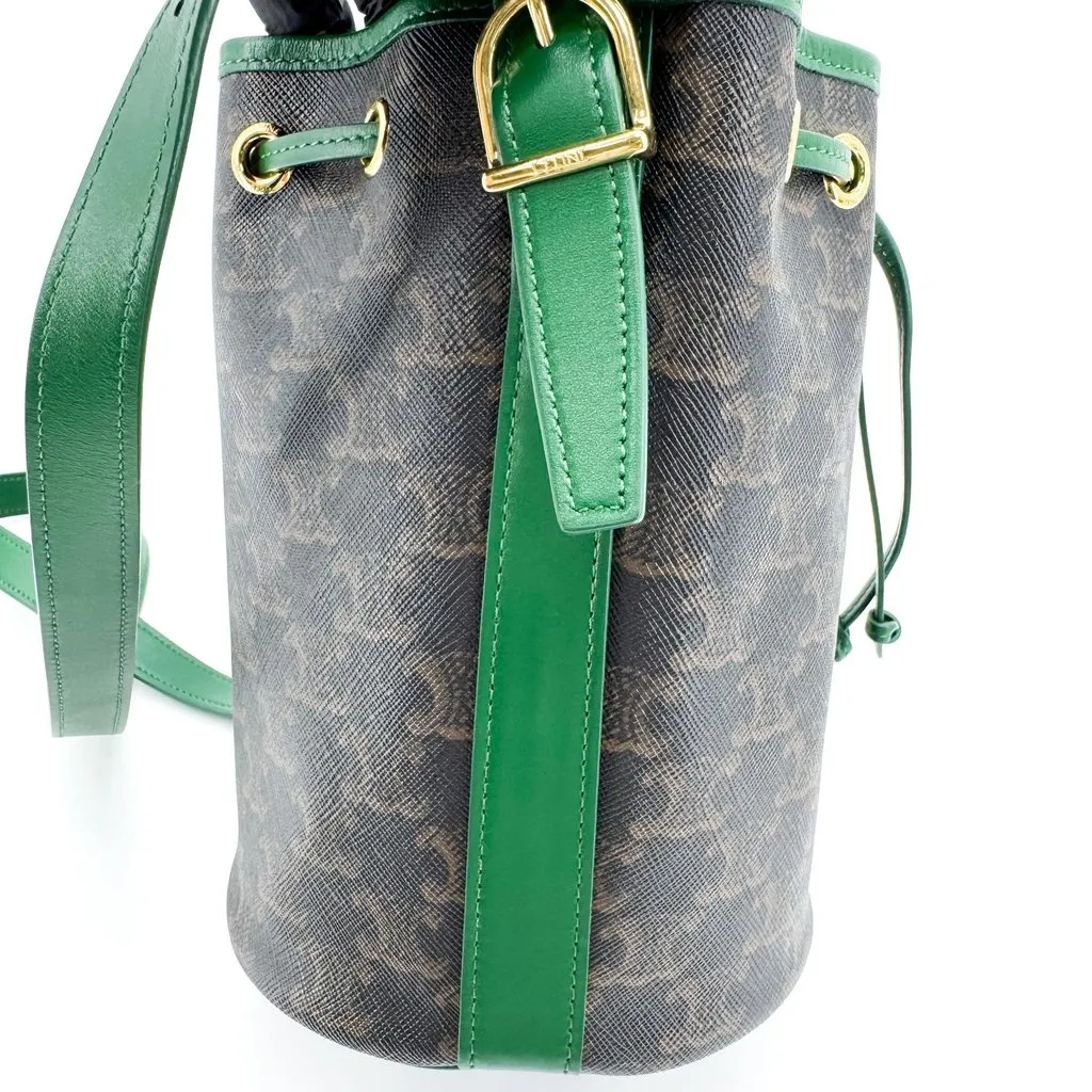 Celine Small Bucket Bag in Triomphe Canvas and Calfskin Green Brown Canvas Good - Model View