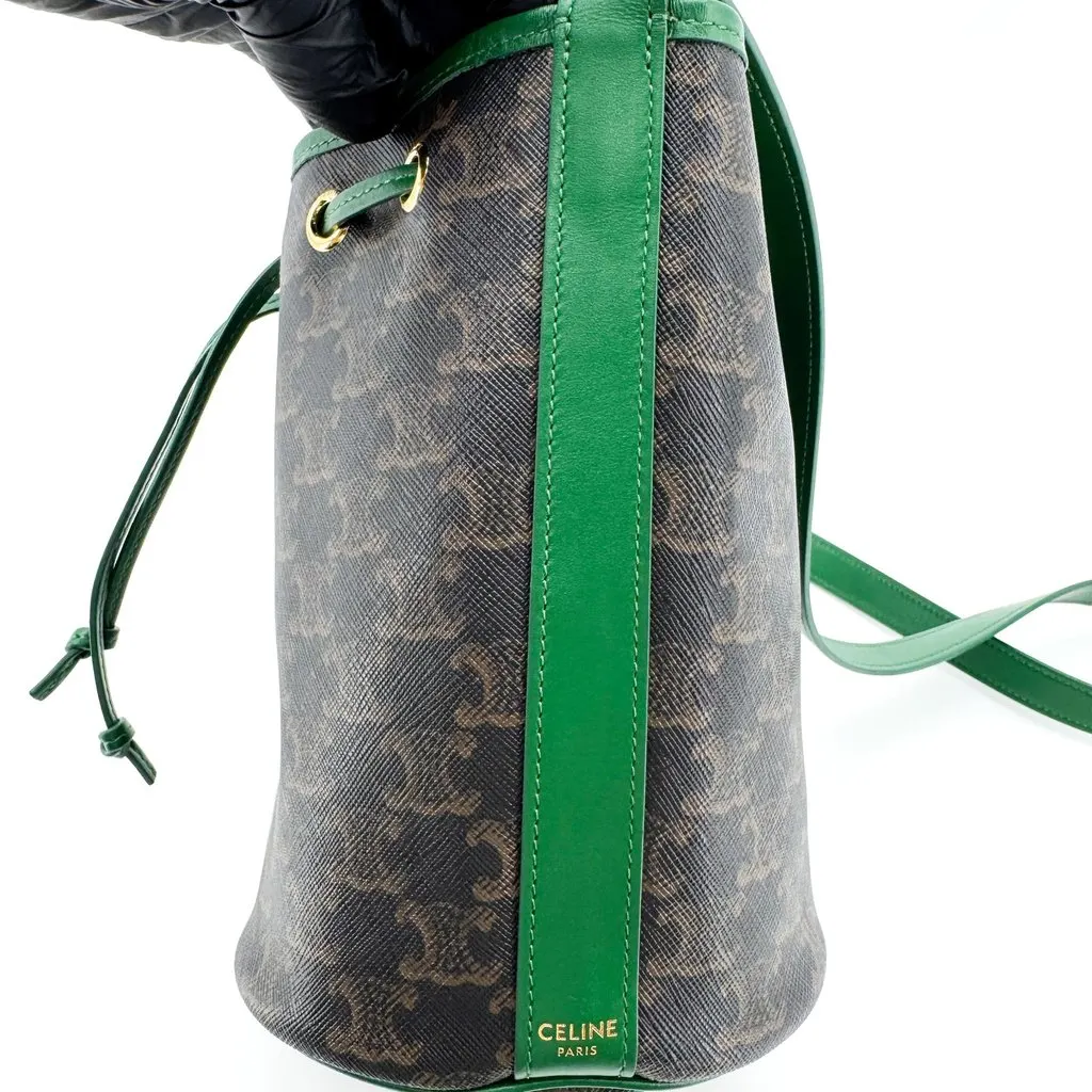 Celine Small Bucket Bag in Triomphe Canvas and Calfskin Green Brown Canvas Good - Box View