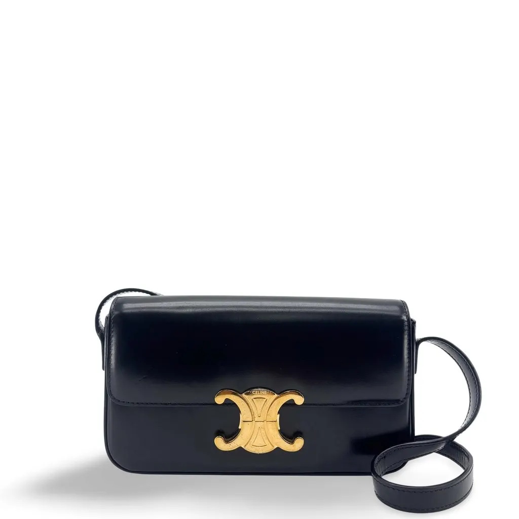 Celine Shiny Calfskin Claude Shoulder Bag Black Gold Black Leather Good - Front View
