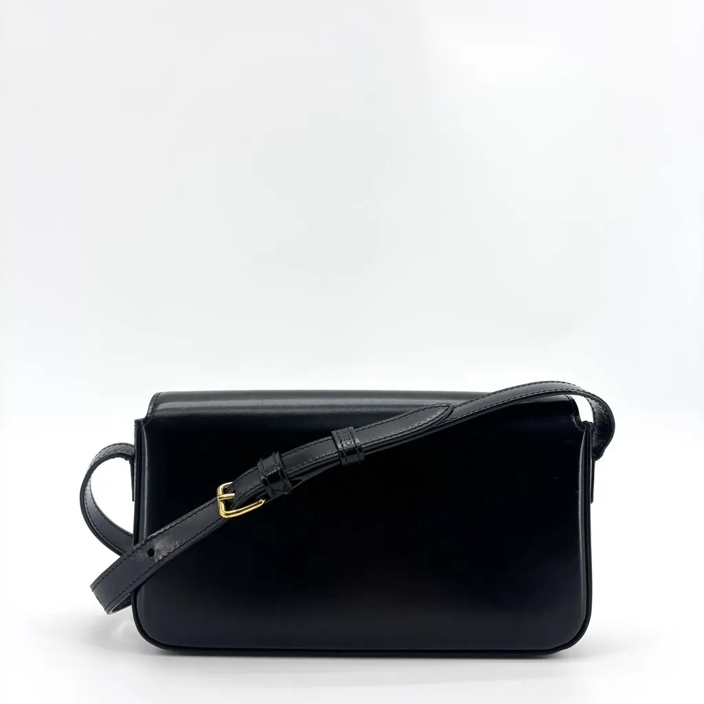 Celine Shiny Calfskin Claude Shoulder Bag Black Gold Black Leather Good - Back View