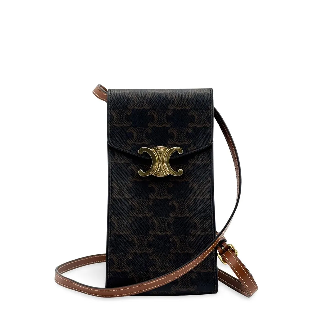 Celine Phone Pouch in Triomphe Canvas and Calfskin (Tan) Black Canvas Very good - Front View