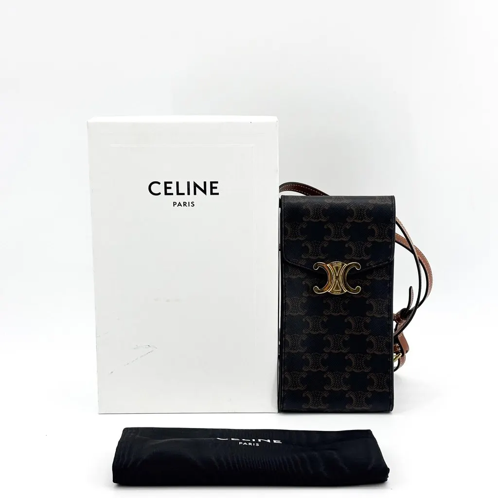 Celine Phone Pouch in Triomphe Canvas and Calfskin (Tan) Black Canvas Very good - Back View