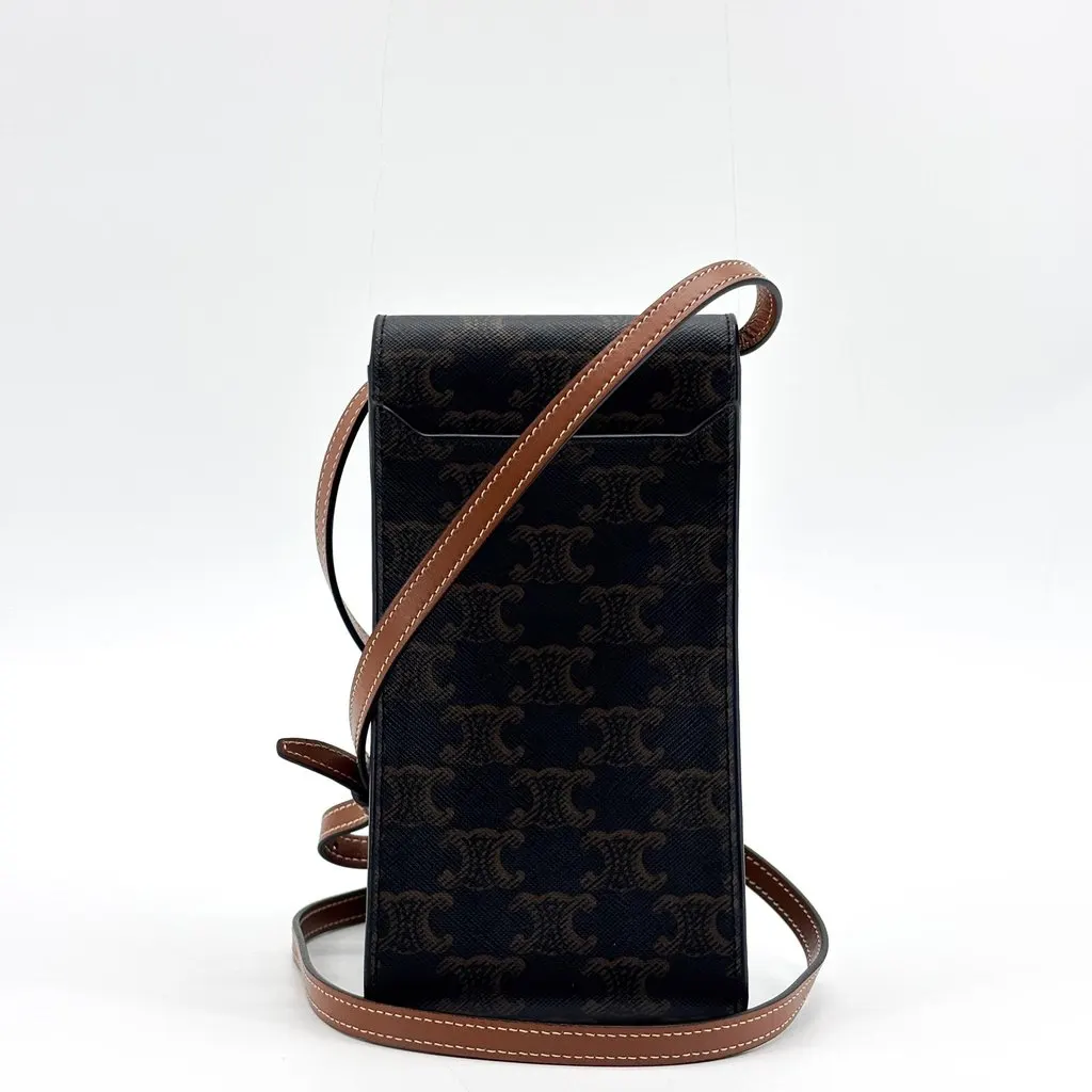 Celine Phone Pouch in Triomphe Canvas and Calfskin (Tan) Black Canvas Very good - Inside View