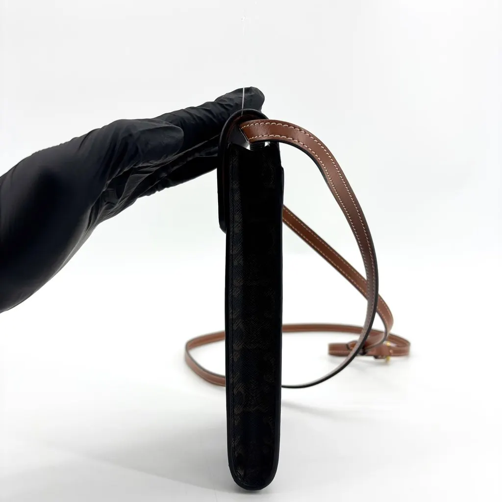 Celine Phone Pouch in Triomphe Canvas and Calfskin (Tan) Black Canvas Very good - Box View