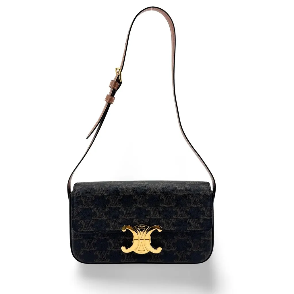 Celine Shoulder Bag Triomphe in Triomphe Canvas and Calfskin Tan Black Canvas Very good - Front View