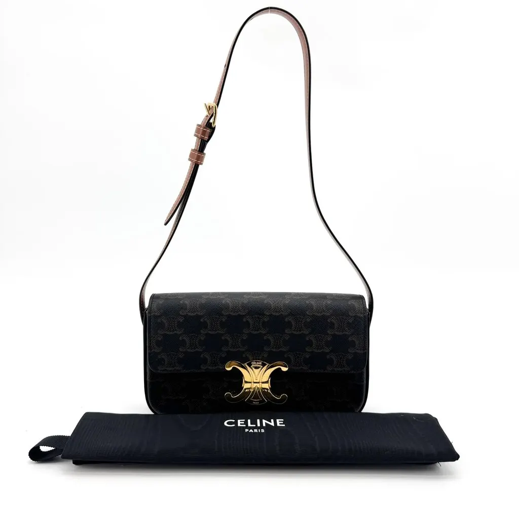 Celine Shoulder Bag Triomphe in Triomphe Canvas and Calfskin Tan Black Canvas Very good - Back View