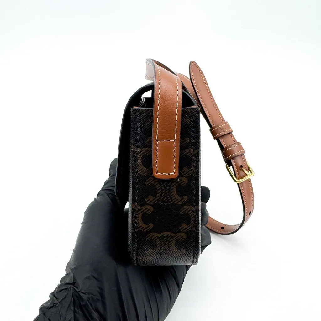Celine Shoulder Bag Triomphe in Triomphe Canvas and Calfskin Tan Black Canvas Very good - Model View