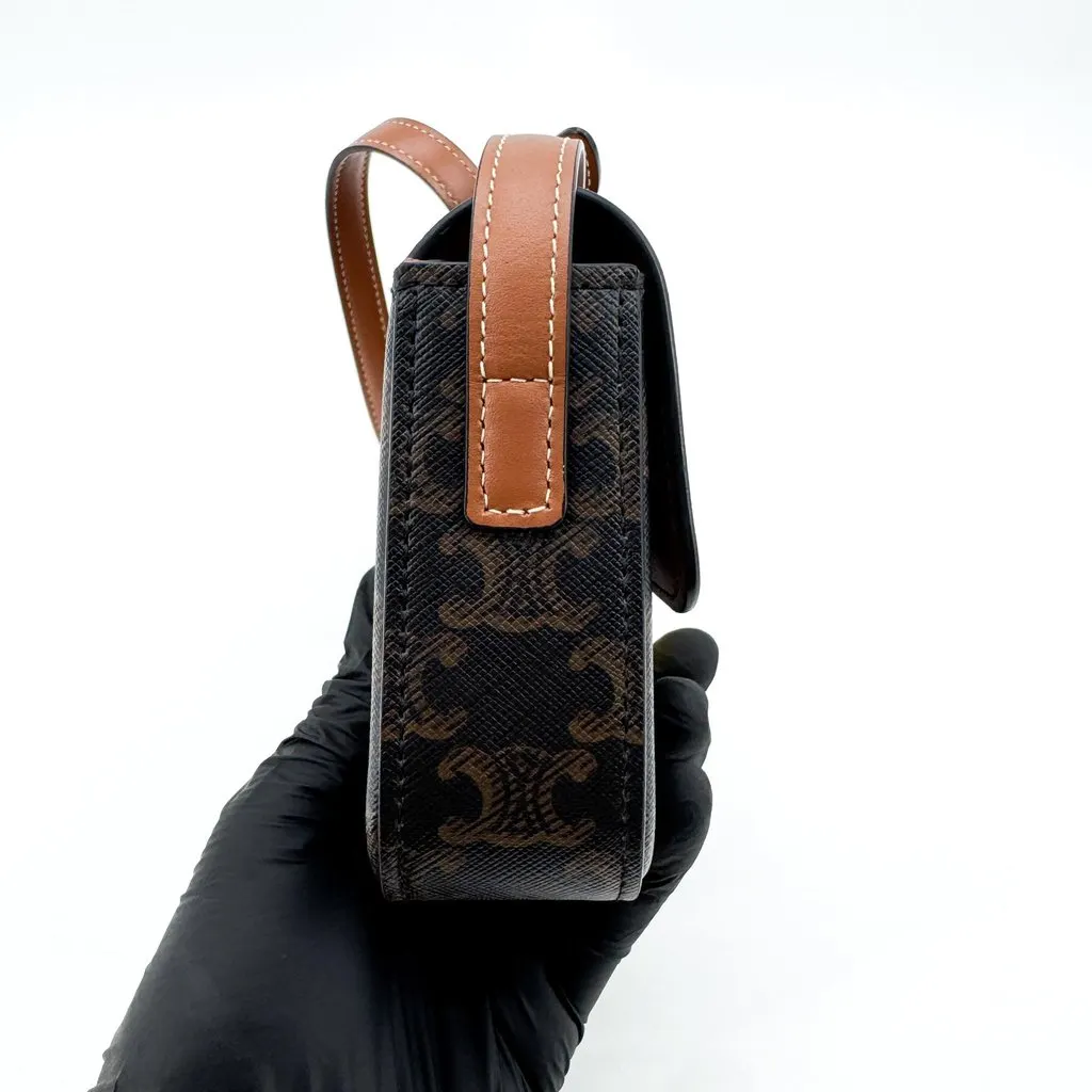 Celine Shoulder Bag Triomphe in Triomphe Canvas and Calfskin Tan Black Canvas Very good - Box View