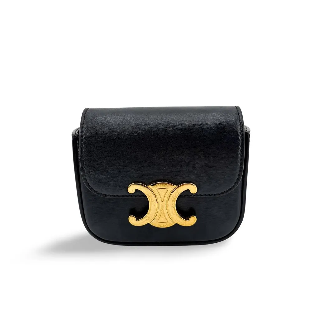 Celine Shiny Calfskin Mini Triomphe Shoulder Bag Black Gold Black Leather Very good - Front View