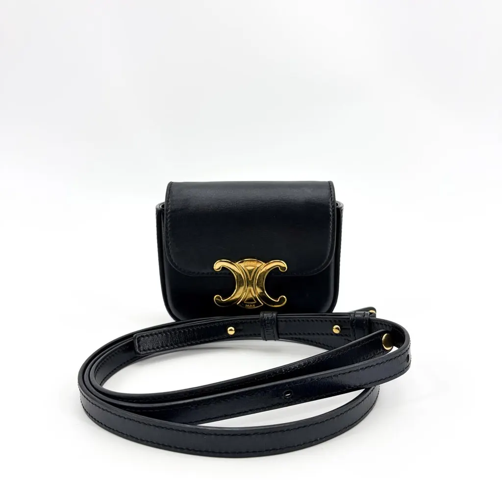 Celine Shiny Calfskin Mini Triomphe Shoulder Bag Black Gold Black Leather Very good - Back View