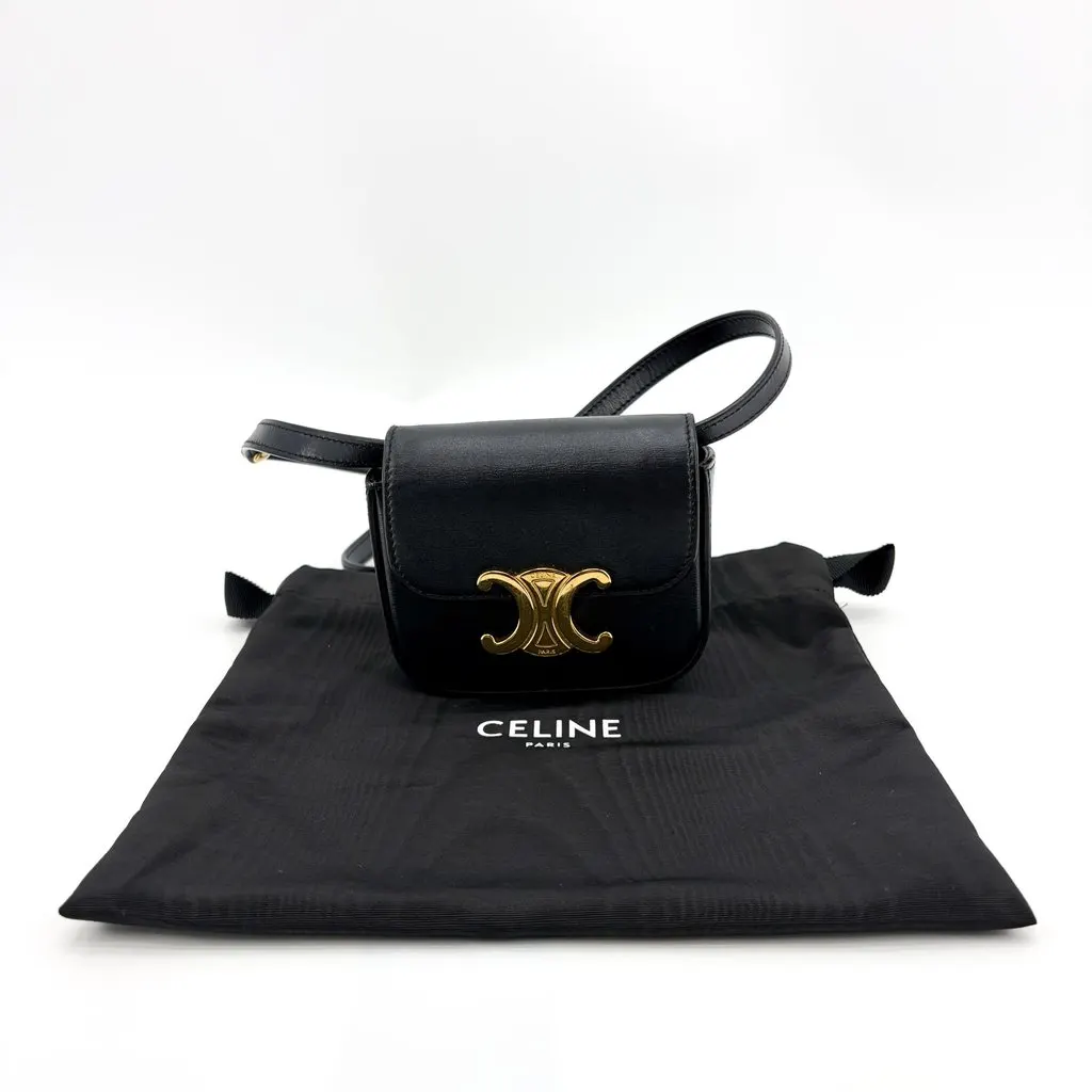Celine Shiny Calfskin Mini Triomphe Shoulder Bag Black Gold Black Leather Very good - Inside View