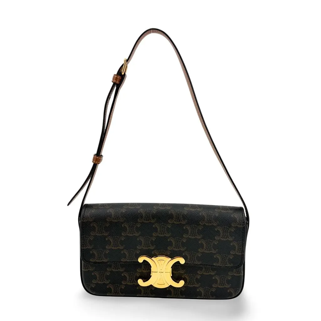 Celine Shoulder Bag Triomphe in Triomphe Canvas and Calfskin Tan Black Canvas Very good - Front View