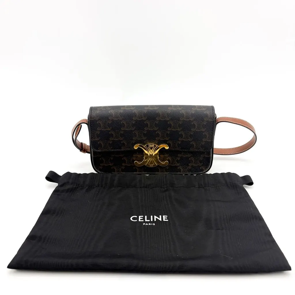 Celine Shoulder Bag Triomphe in Triomphe Canvas and Calfskin Tan Black Canvas Very good - Back View