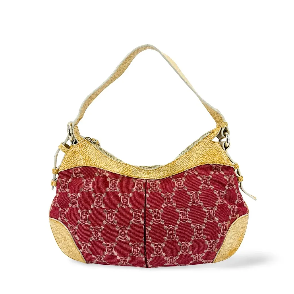 Celine Triomphe Jacquard Leather Hobo Shoulder Bag Beige Canvas Fair - Front View