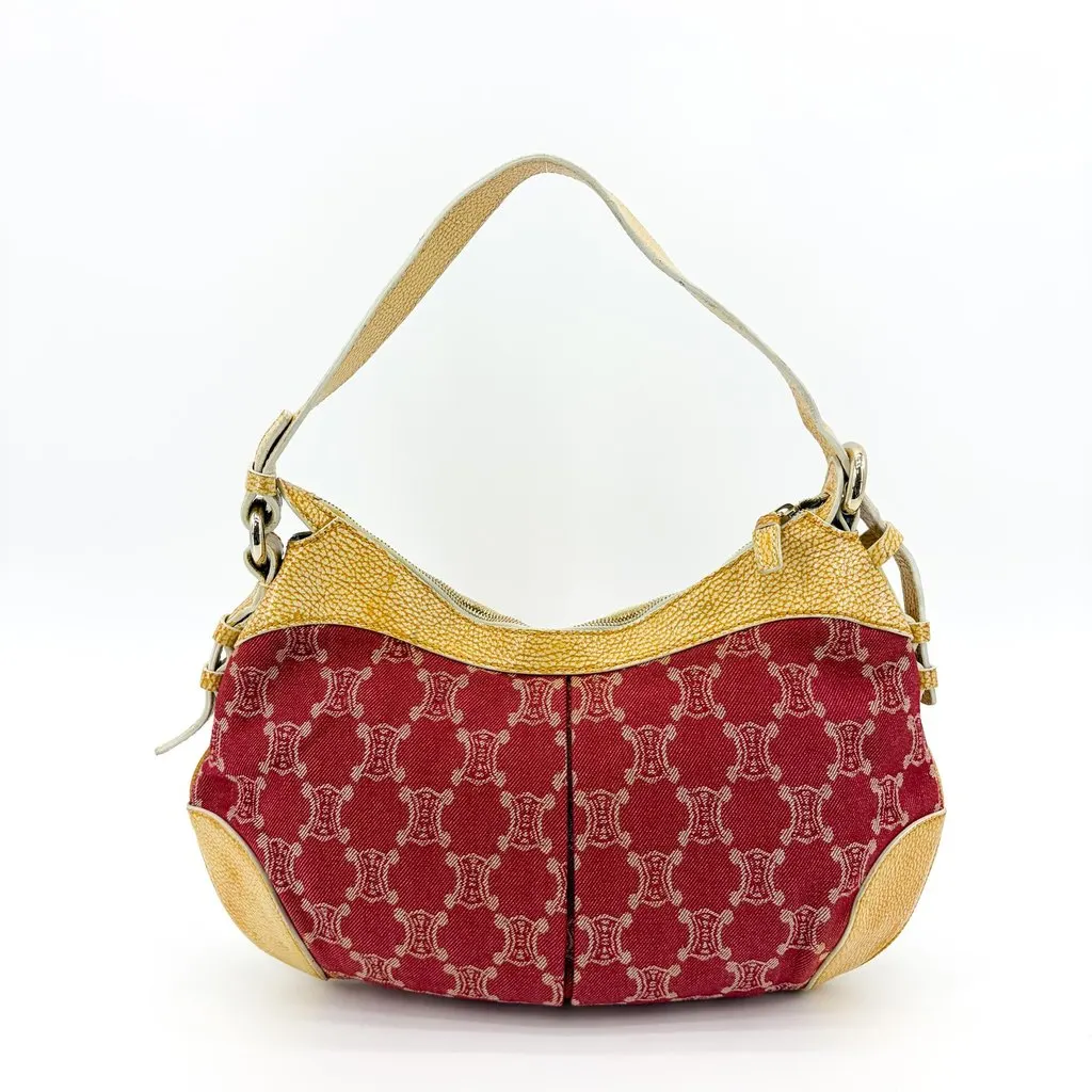 Celine Triomphe Jacquard Leather Hobo Shoulder Bag Beige Canvas Fair - Back View