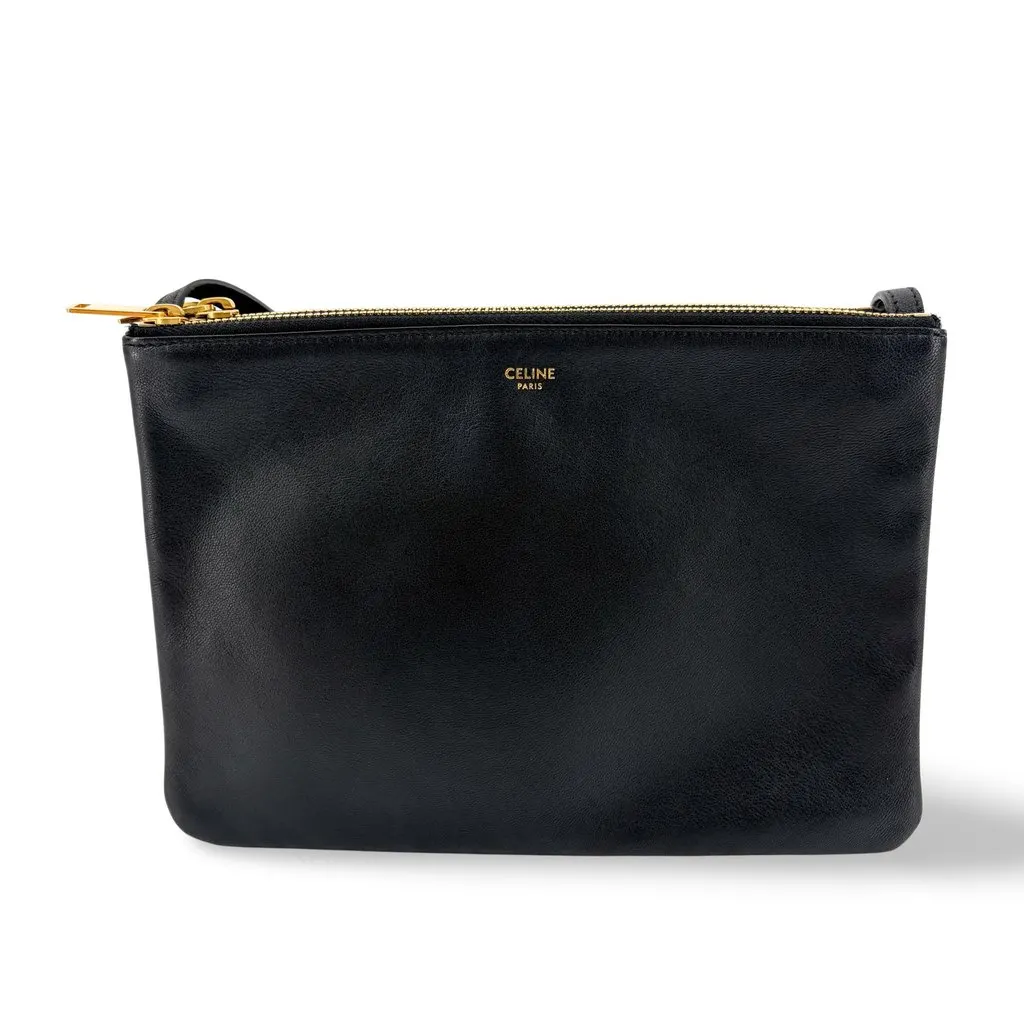 Celine Large Trio Smooth Lambskin Bag Black Black Leather Good - Front View