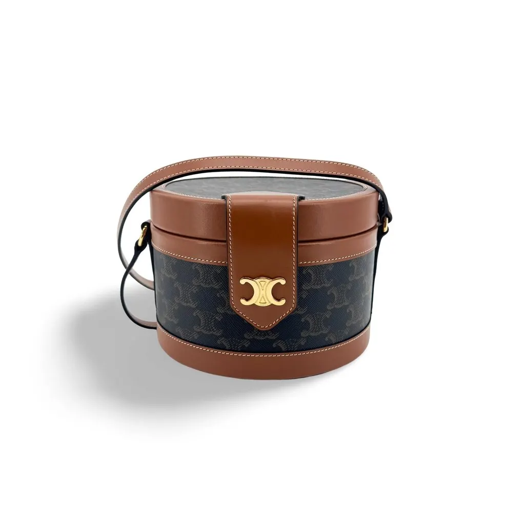 Celine Tambour Bag in Triomphe Canvas and Calfskin Tan Black Canvas Very good - Front View
