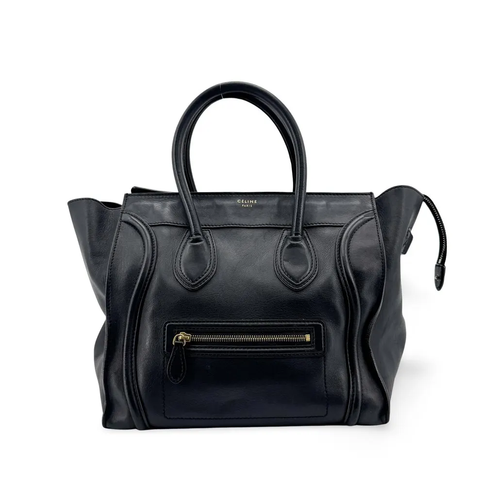 Celine Micro Luggage Bag in Supple Calfskin Black Black Leather Good - Front View