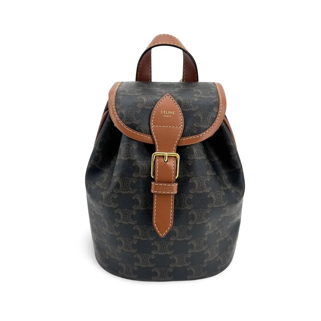 Celine Mini Backpack in Triomphe Canvas and Calfskin Tan Black Canvas Very good - Front View