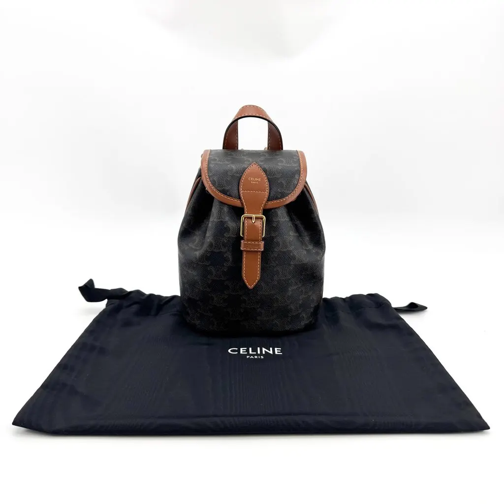 Celine Mini Backpack in Triomphe Canvas and Calfskin Tan Black Canvas Very good - Back View