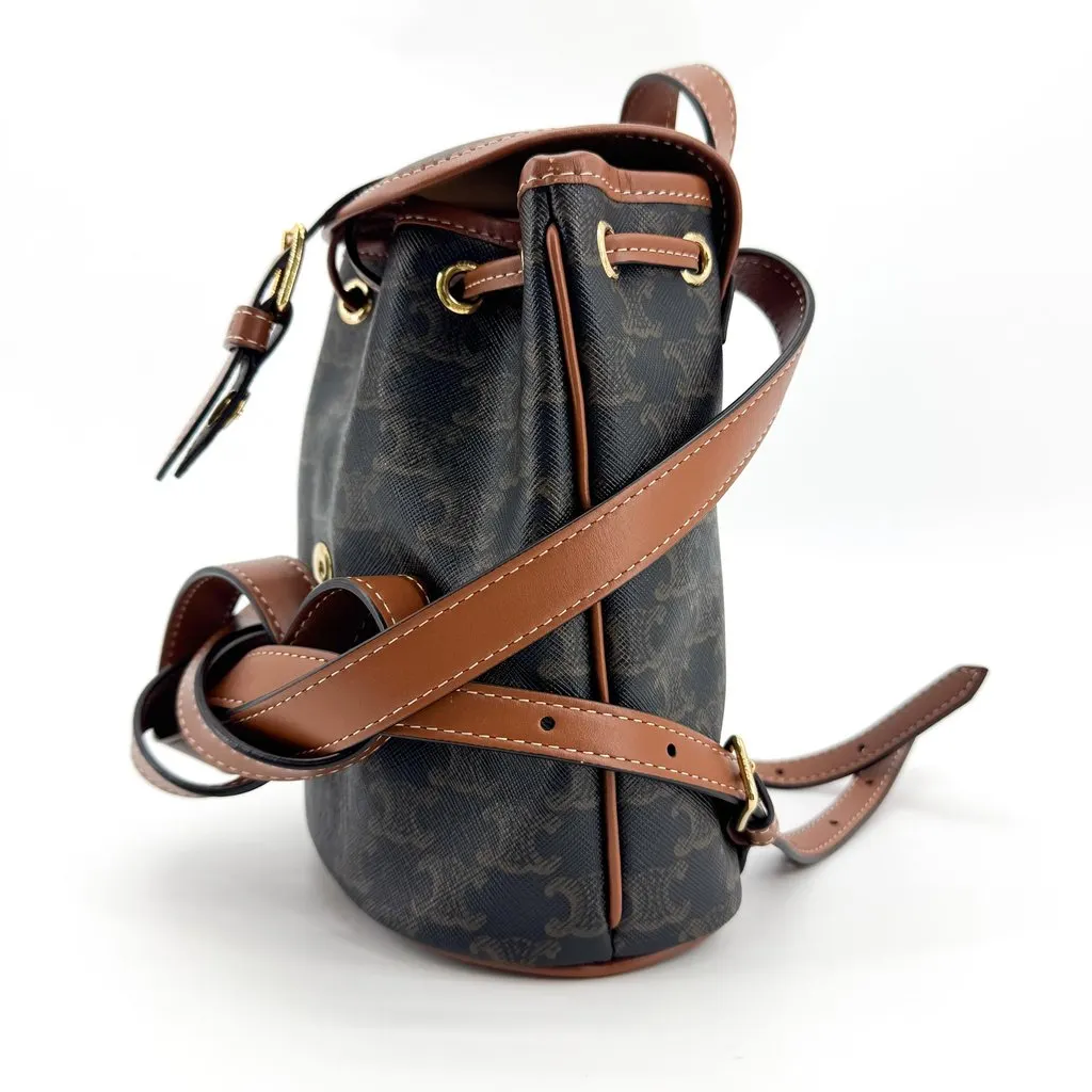 Celine Mini Backpack in Triomphe Canvas and Calfskin Tan Black Canvas Very good - Box View