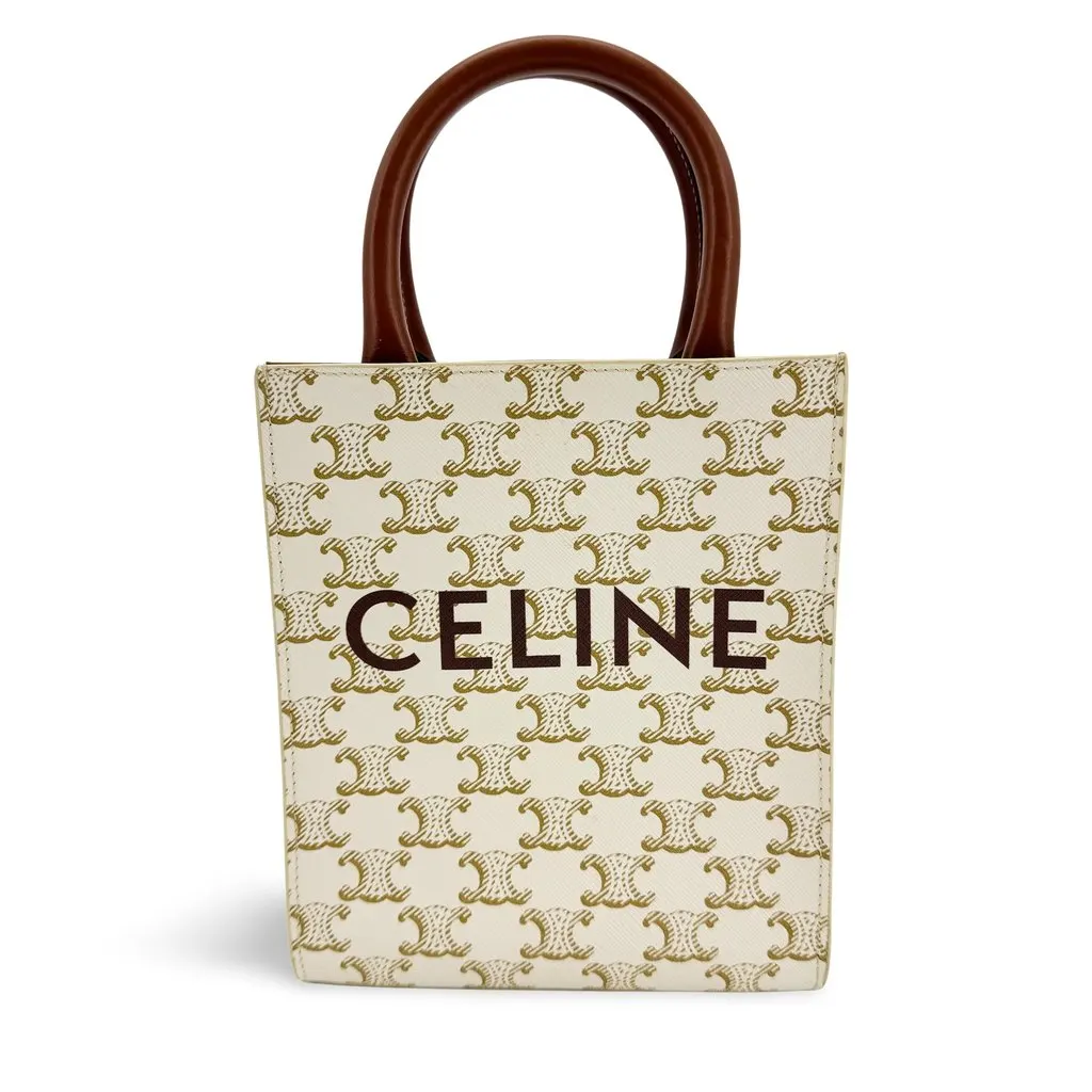 Celine Mini Vertical Cabas in Triomphe Canvas White Tan Brown Canvas Very good - Front View