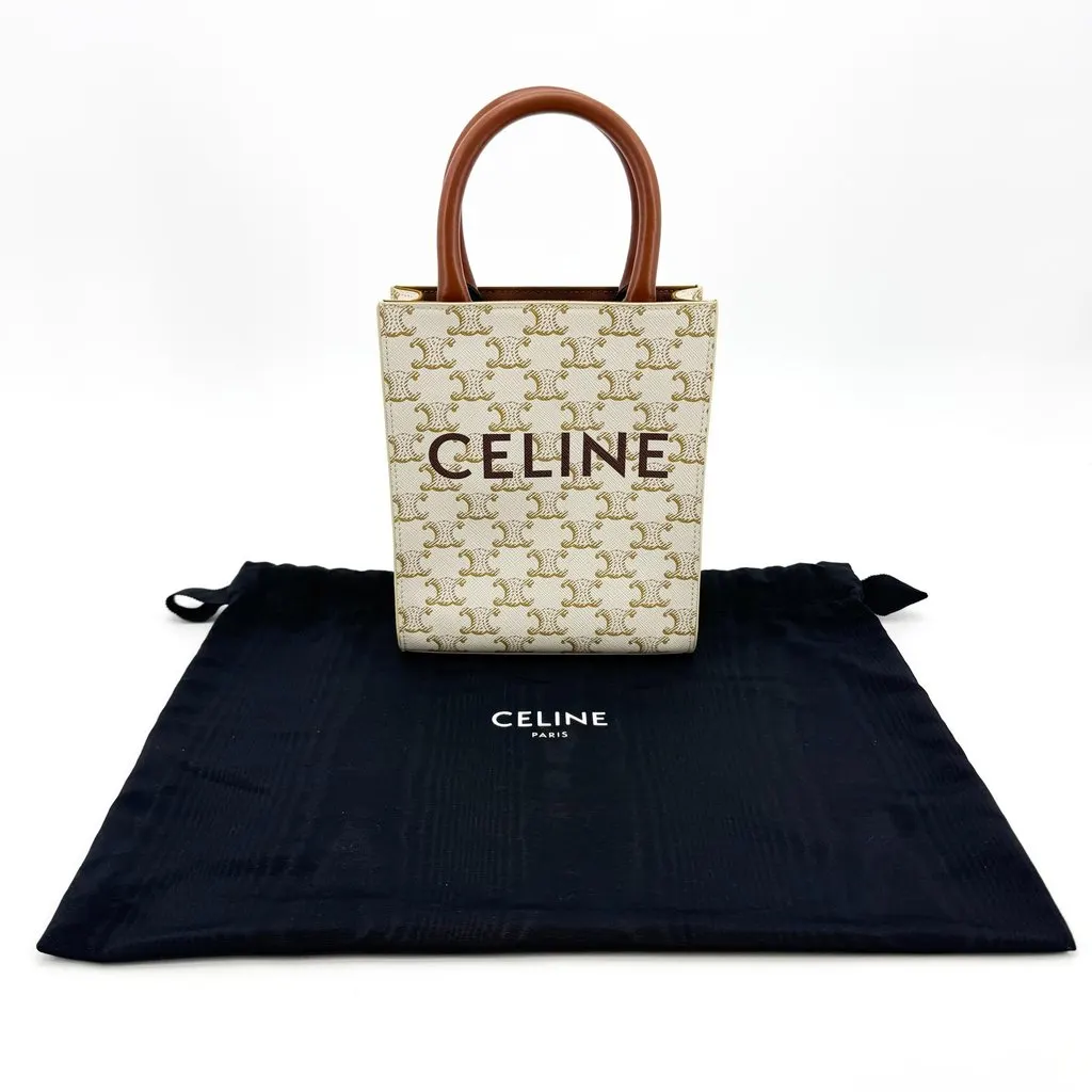 Celine Mini Vertical Cabas in Triomphe Canvas White Tan Brown Canvas Very good - Back View