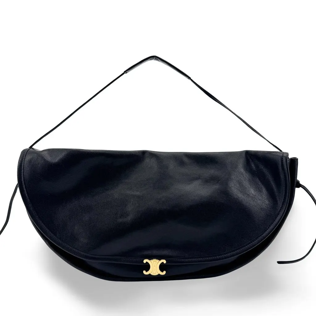 Celine Soft Leather Triomphe Shoulder Bag Black Black Leather Very good - Front View