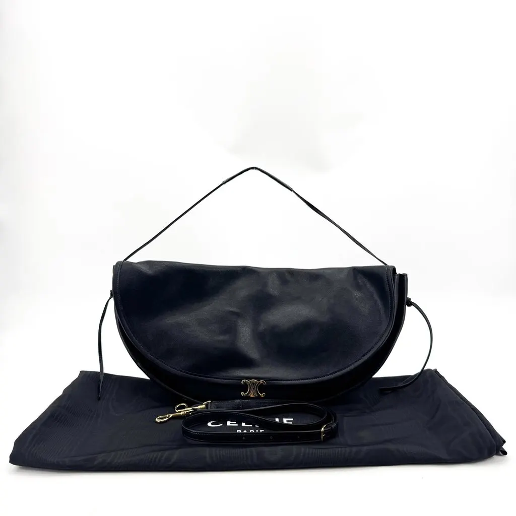 Celine Soft Leather Triomphe Shoulder Bag Black Black Leather Very good - Back View