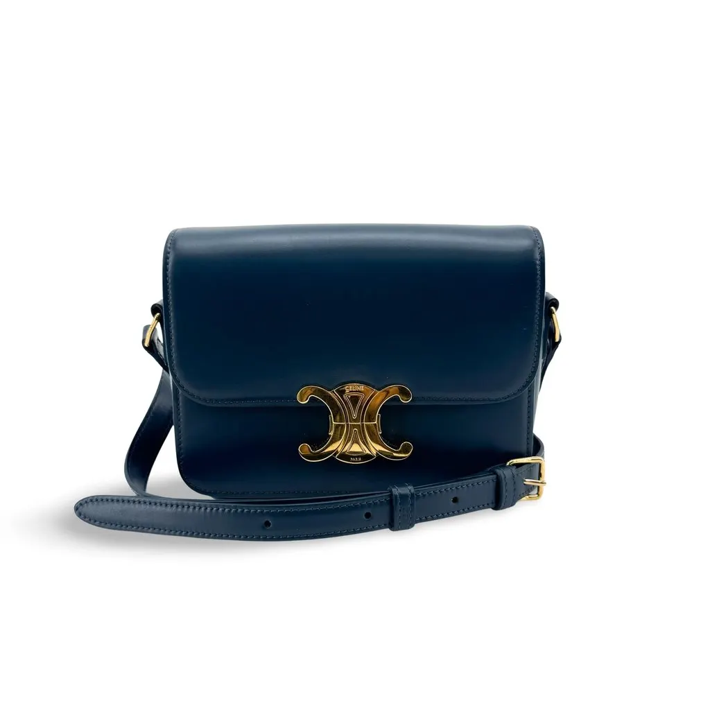 Celine Teen Triomphe Bag in Shiny Calfskin Navy Blue Leather Very good - Front View