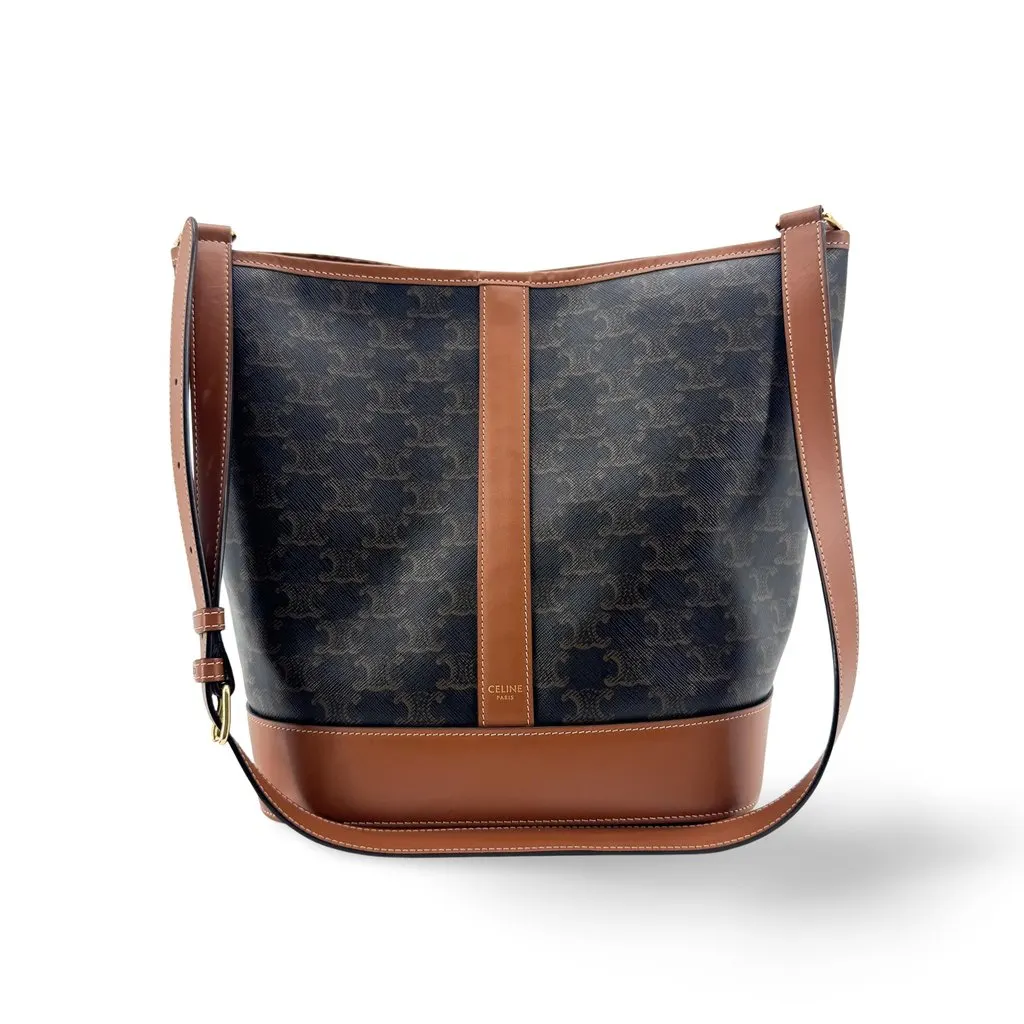 Celine Small Bucket Bag in Triomphe Canvas and Calfskin Tan Black Canvas Good - Front View
