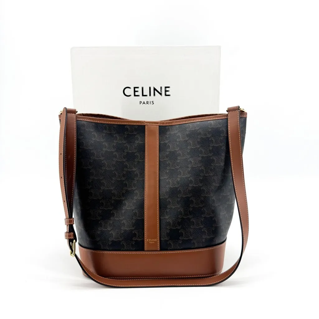 Celine Small Bucket Bag in Triomphe Canvas and Calfskin Tan Black Canvas Good - Back View
