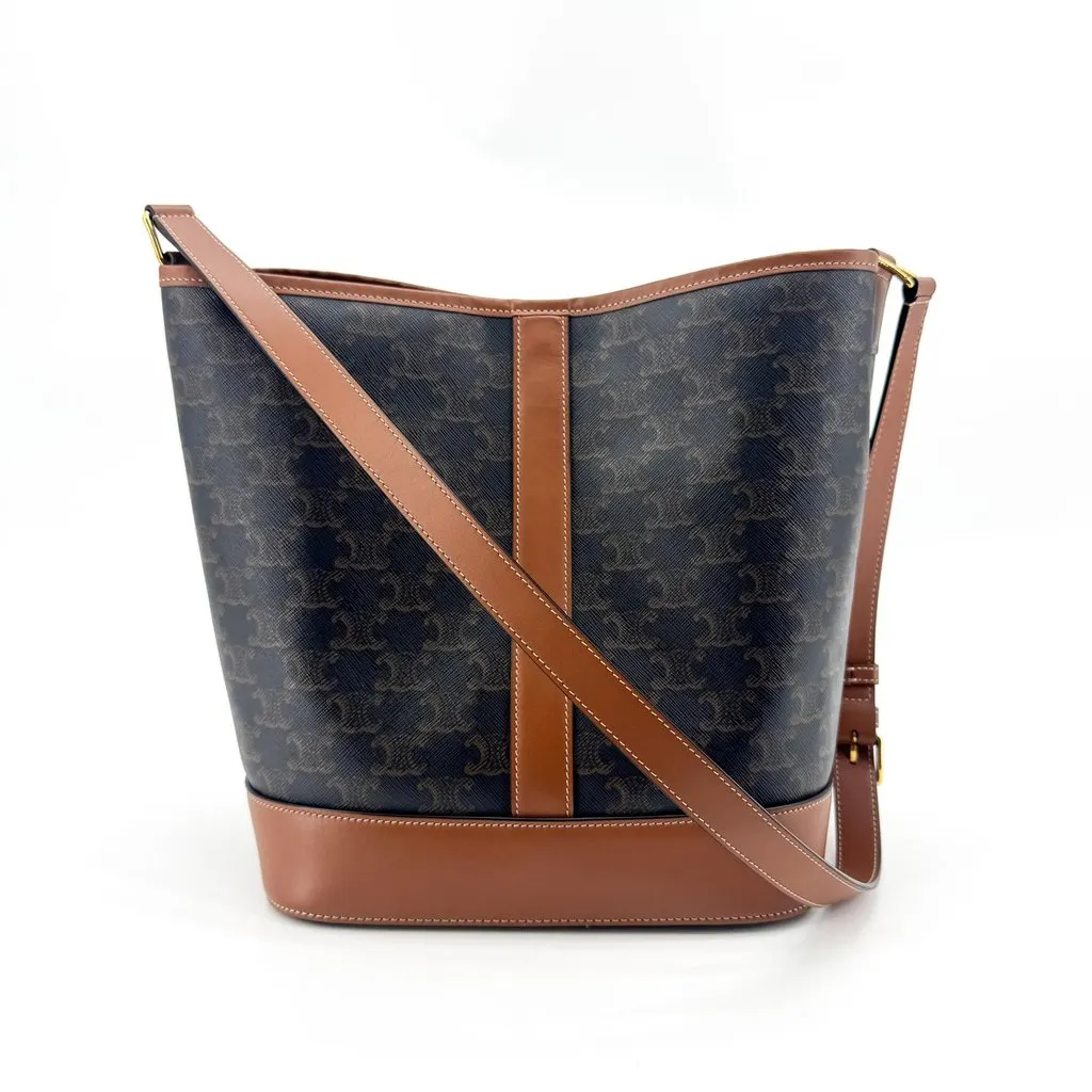 Celine Small Bucket Bag in Triomphe Canvas and Calfskin Tan Black Canvas Good - Inside View
