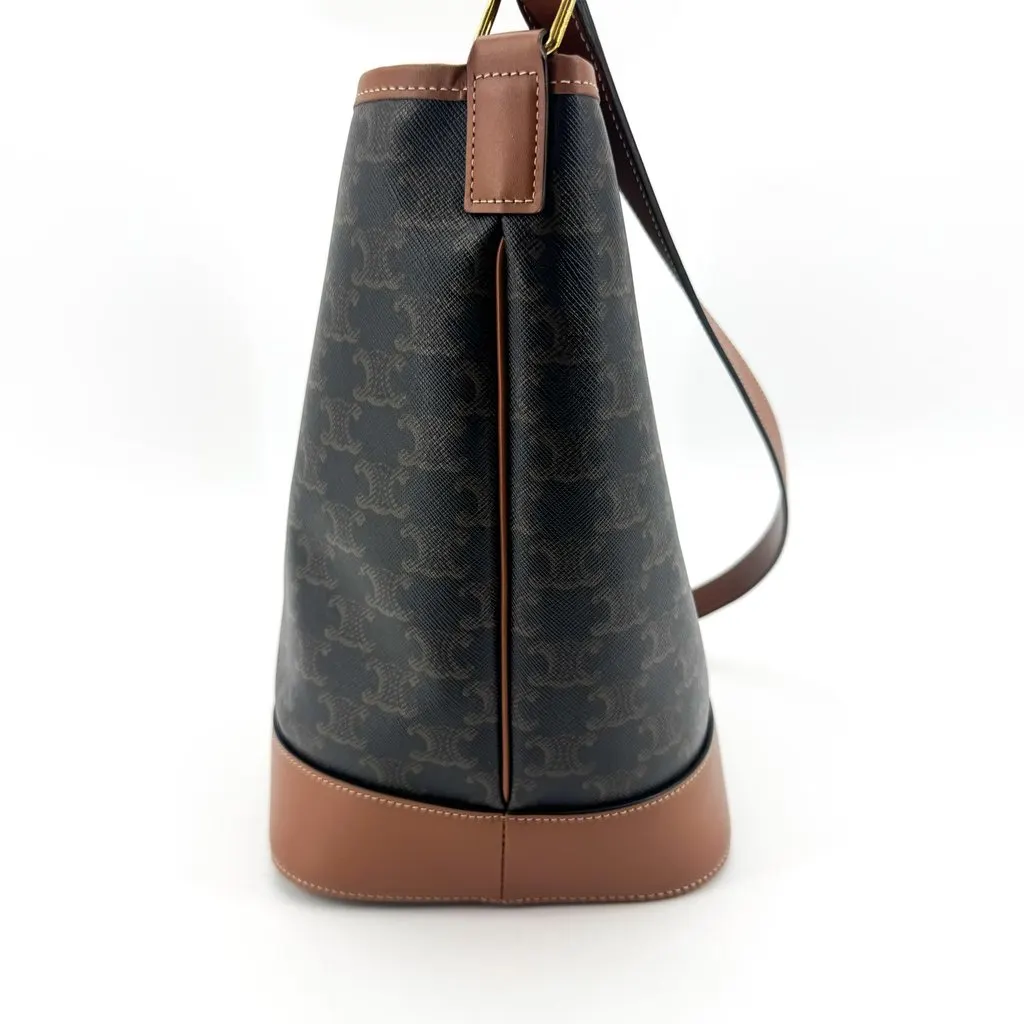Celine Small Bucket Bag in Triomphe Canvas and Calfskin Tan Black Canvas Good - Model View
