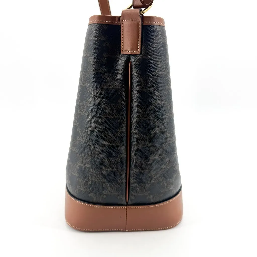 Celine Small Bucket Bag in Triomphe Canvas and Calfskin Tan Black Canvas Good - Box View