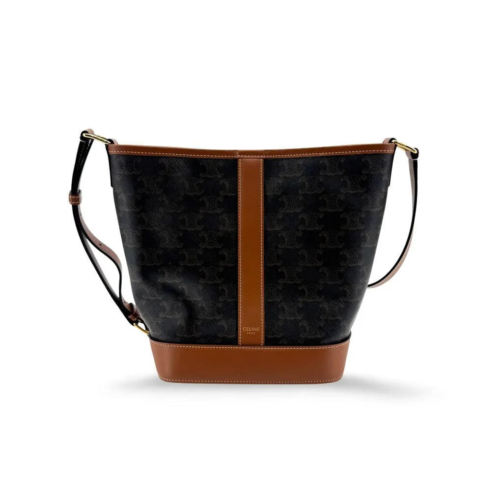 Celine Small Bucket Bag in Triomphe Canvas Tan Black Canvas Good - Front View