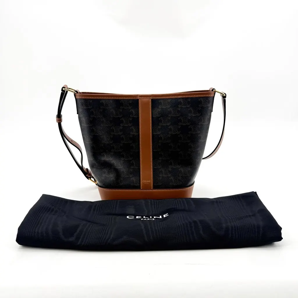 Celine Small Bucket Bag in Triomphe Canvas Tan Black Canvas Good - Back View