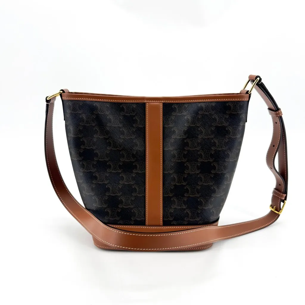 Celine Small Bucket Bag in Triomphe Canvas Tan Black Canvas Good - Inside View