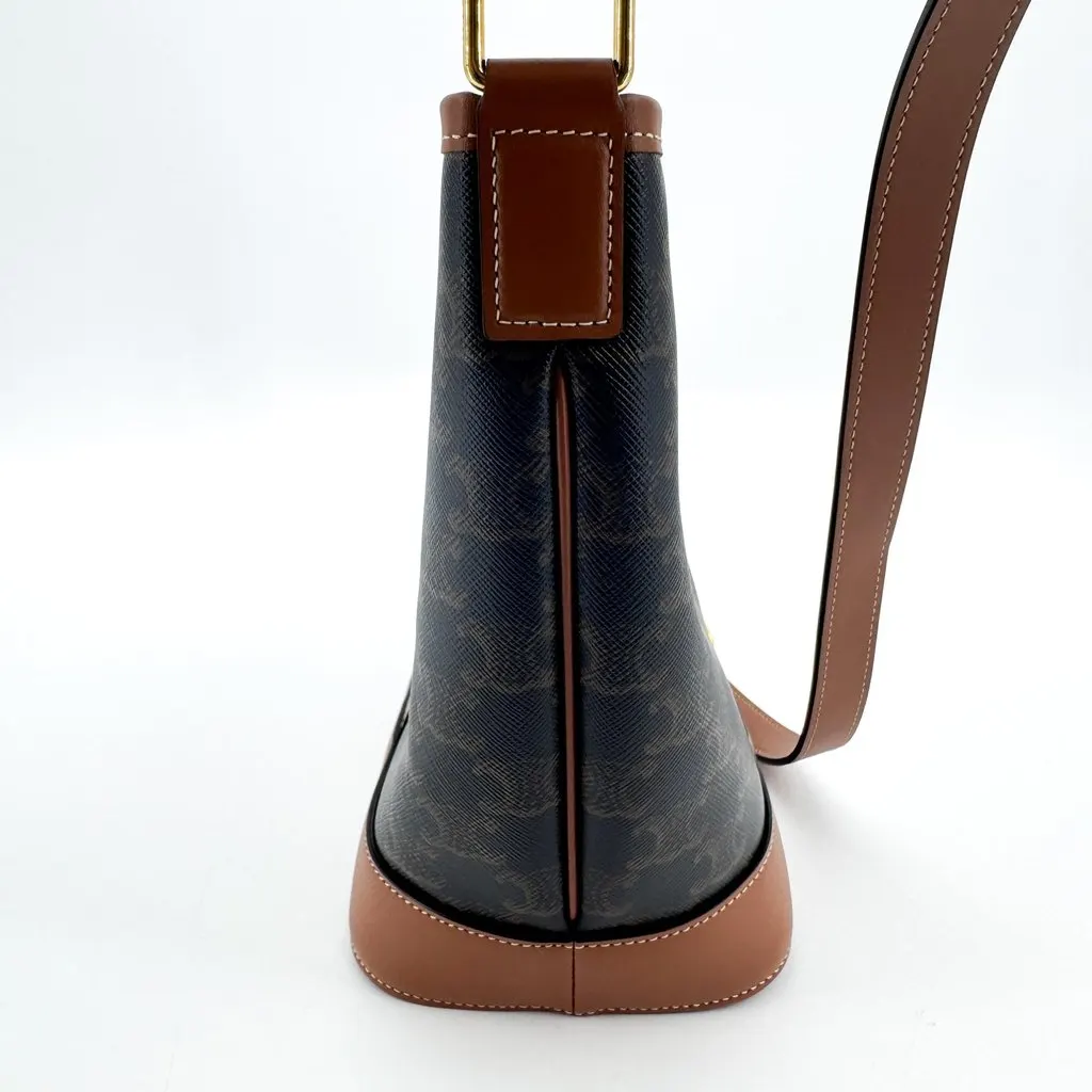 Celine Small Bucket Bag in Triomphe Canvas Tan Black Canvas Good - Model View