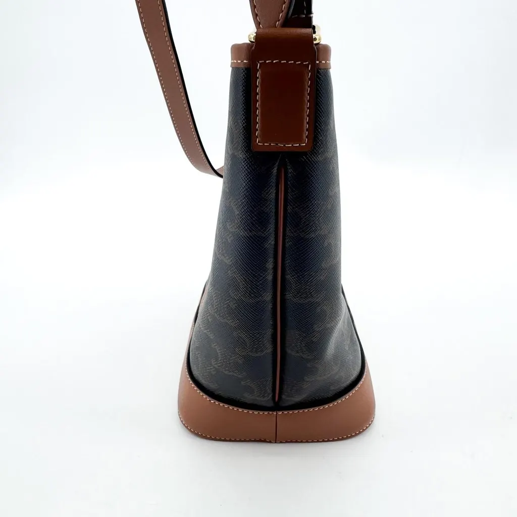 Celine Small Bucket Bag in Triomphe Canvas Tan Black Canvas Good - Box View