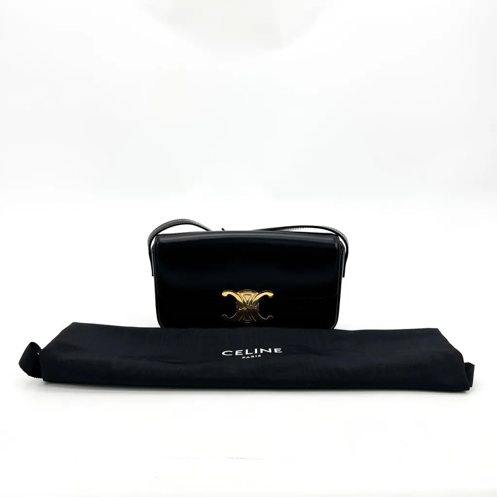 Celine Shiny Calfskin Triomphe Shoulder Bag Black Black Leather Very good - Back View