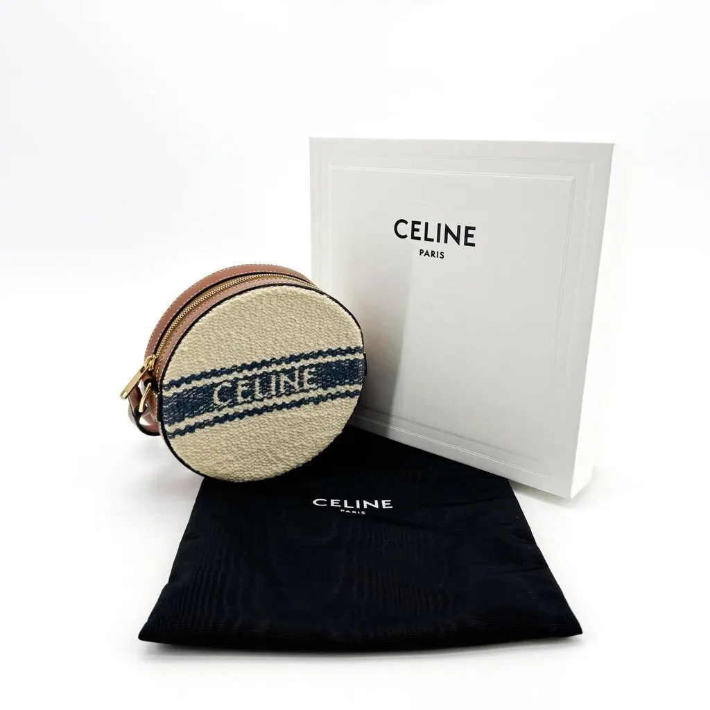 Celine Round Coin Purse in Textile and Calfskin Natural Navy Gold Leather Very good - Back View
