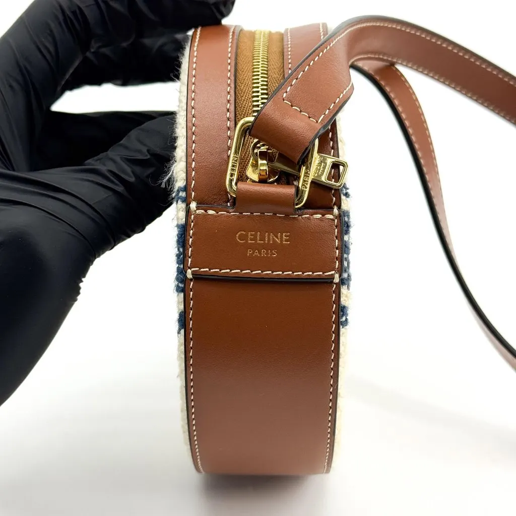 Celine Round Coin Purse in Textile and Calfskin Natural Navy Gold Leather Very good - Box View