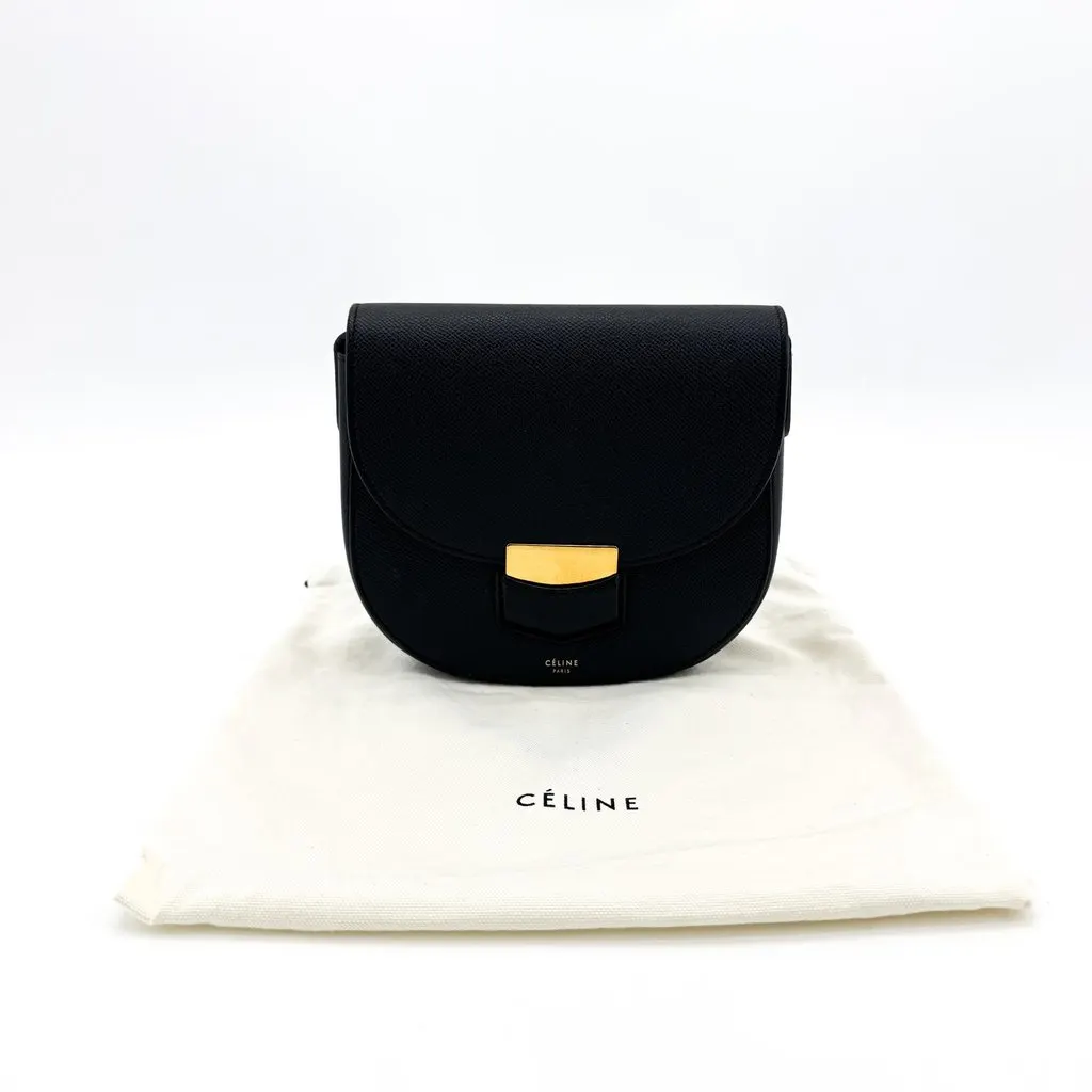 Celine Small Trotteur Shoulder Bag Grained Calfskin Black Gold Black Leather Good - Back View