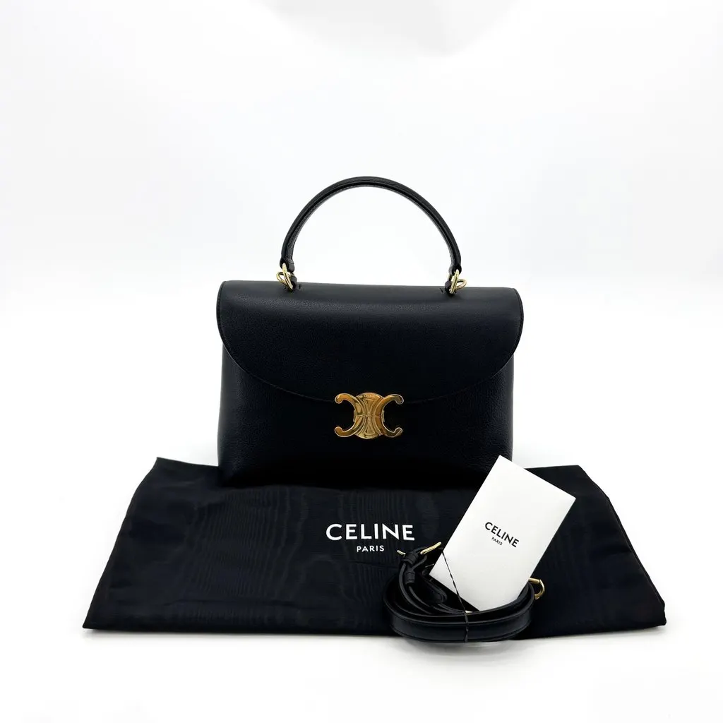 Celine Small Top Handle Triomphe Bag Black Black Leather Very good - Back View