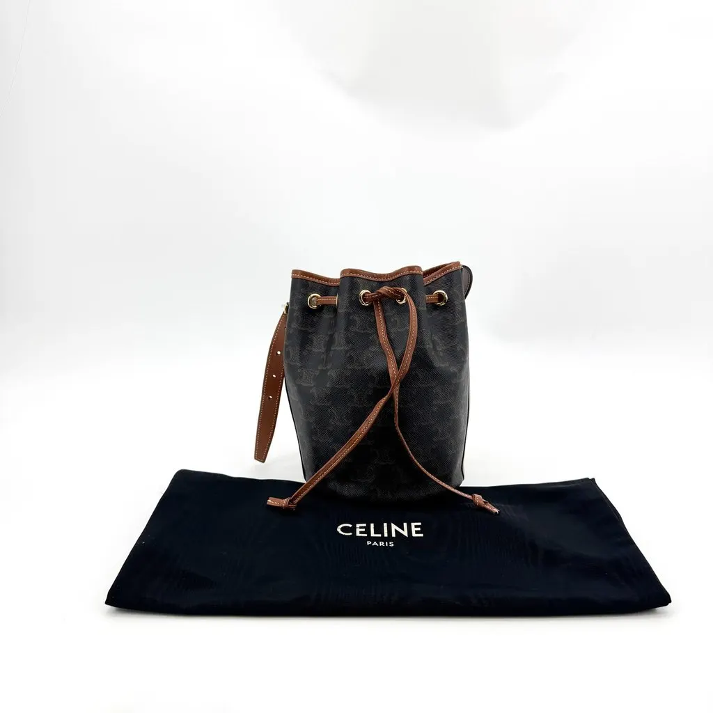 Celine Small Bucket in Triomphe Canvas and Calfskin Tan Black Canvas Good - Back View