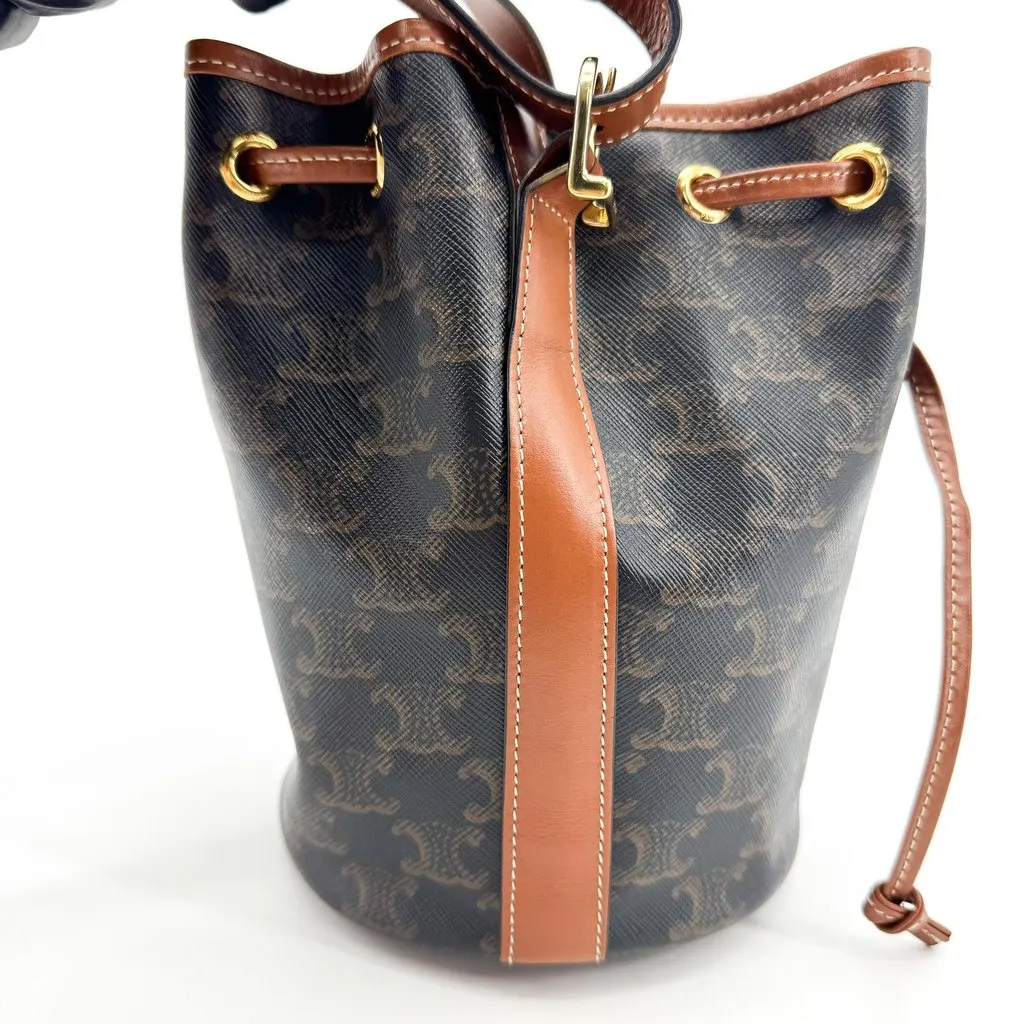 Celine Small Bucket in Triomphe Canvas and Calfskin Tan Black Canvas Good - Model View