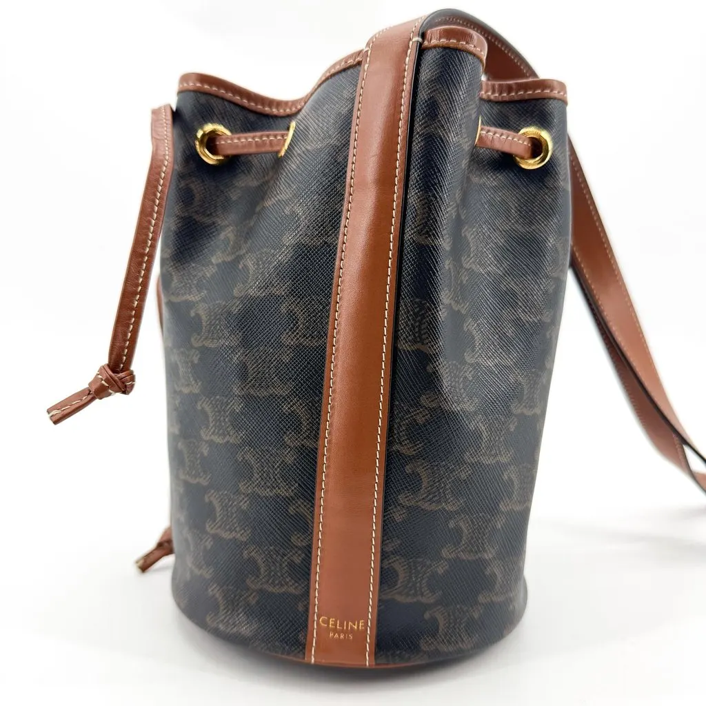 Celine Small Bucket in Triomphe Canvas and Calfskin Tan Black Canvas Good - Box View